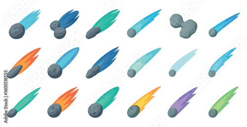 Comet and meteor outline icons set – linear, celestial, space symbols