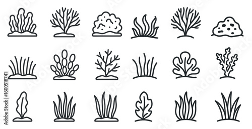 Marine and ocean life icons set – outline, linear, underwater and sea symbols