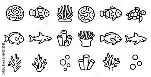 Marine life outline icons set – aquatic, ocean, sea creatures collection