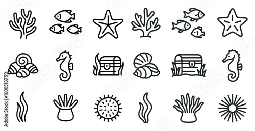 Marine life outline icons set – ocean, sea life, aquatic vector symbols