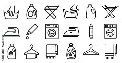 Laundry and cleaning outline icons set – line, silhouette, washing and housekeeping signs