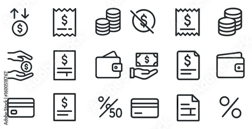 Finance and budget outline icons set – linear, solid, money management tools