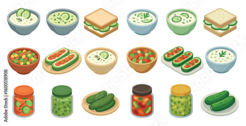 Pickle-inspired isometric icons set – snacks, cucumber, food graphics