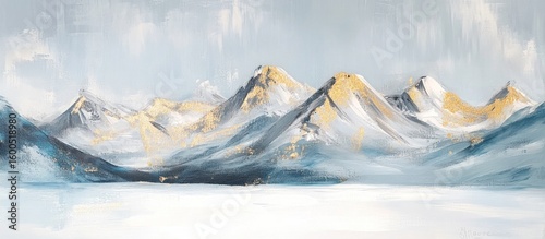 Abstract minimalistic oil painting landscape with snow mountains with gold folied mountain peaks elements white and light grey light blue color