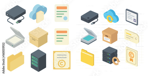 File management isometric icons set – cloud, server, digital storage symbols