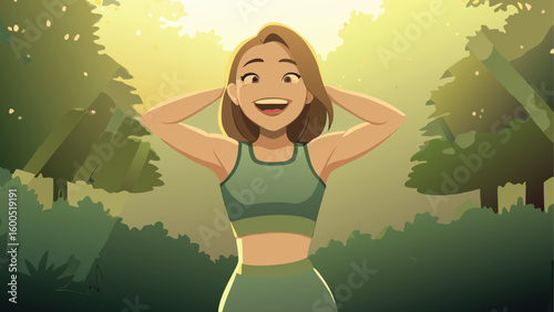 Joyful woman in nature with sunlight and trees