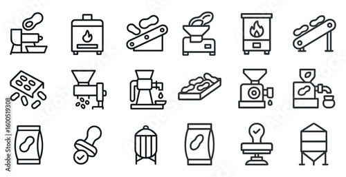 Peanut butter processing outline icons set – linear, filled, food manufacturing symbols