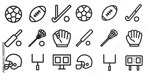 Sports equipment outline icons set – linear, silhouette, athletic and game symbols