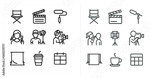 Film and video production icons set – outline, linear, movie and media symbols