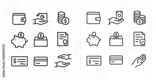 Finance and money outline icons set – budget, banking, financial management symbols