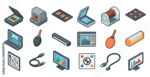 Film and photography icons set – isometric, linear, camera and video tools