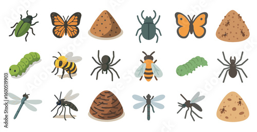 Insect and bug flat icons set – silhouette, filled, entomology and nature symbols