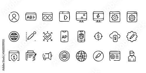  A line-style set of digital marketing web icons. Social media, networking, feedback, communication, marketing, and e-commerce. Vector illustrations.