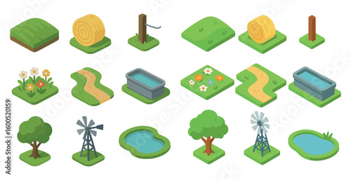 Nature and environment isometric icons set – 3d, landscape, greenery elements