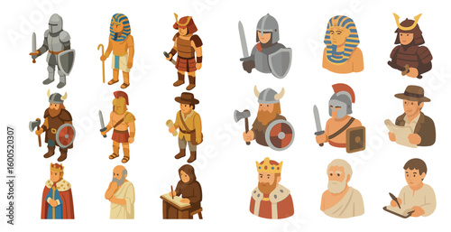 Historical character icon set – isometric, ancient, warrior and philosopher icons