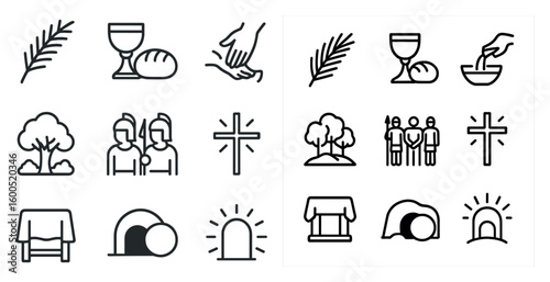 Church and christianity outline icons set – worship, faith, religious symbols