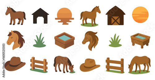 Farm and animal flat icons set – agricultural, rural, countryside symbols