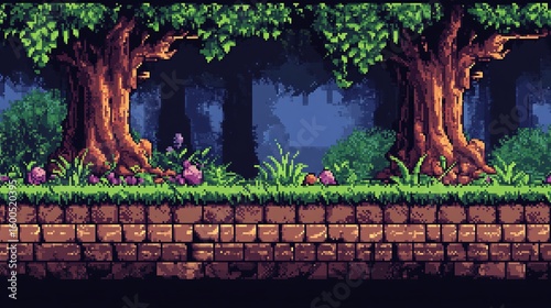 Pixel art forest path.  Stone wall borders a lush, dark forest path with large trees
