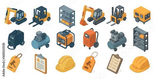 Construction and equipment isometric icons set – 3d, tools, machinery symbols