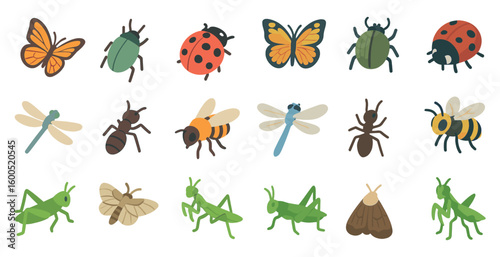 Insect and bug flat icons set – silhouette, outline, nature and wildlife symbols