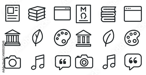 Library and art line icons set – outline, book, museum and creative symbols