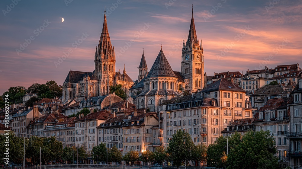 Fototapeta premium City skyline at sunset, old buildings