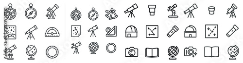 Astronomy and space outline icons set – linear, celestial, stargazing symbols