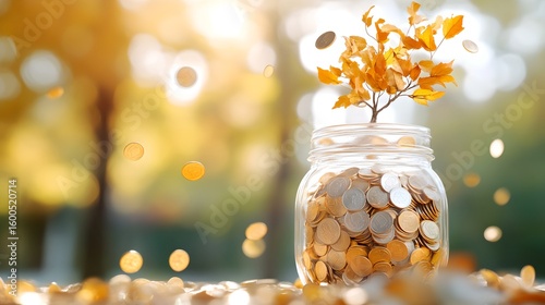 A glass jar filled with autumn leaves and shining coins symbolizing the concept of saving and growing one s financial resources during the changing seasons