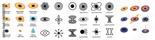 Black hole icons set – outline, silhouette, cosmic and space symbols