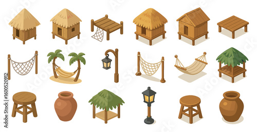 Tropical beach isometric icons set – vacation, island, holiday design elements