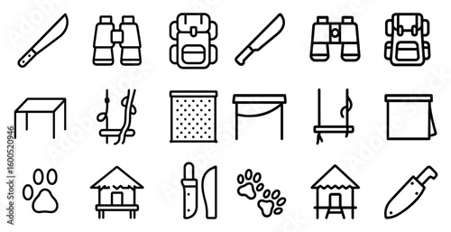 Adventure and travel linear icons set – outline, exploration, outdoor equipment symbols