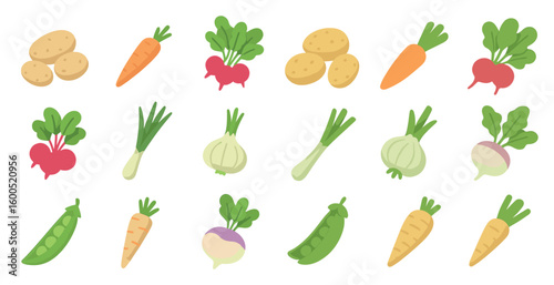 Vegetable food icons set - flat, outline, farming and gardening symbols