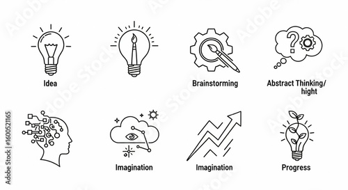 Idea and Creativity Line Icon Set – Vector Brainstorming, Innovation, Insight, Problem-Solving, Imagination Symbols