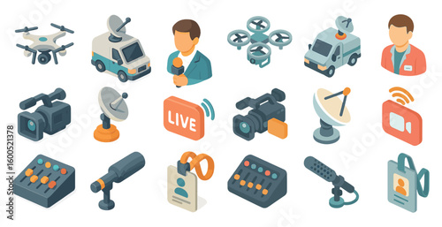 Broadcast and media isometric icons set – 3d, flat, communication and news symbols