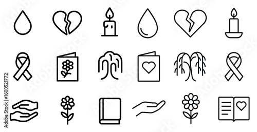 Bereavement and memorial outline icons set – linear, remembrance, tribute symbols