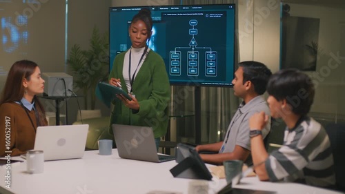 Confident African American woman leader and programmer guides her diverse team in modern office meeting. focused collaboration where colleagues analyze project data