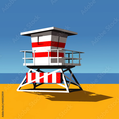 Lifeguard Stand on Sandy Beach with Blue Sky Vector Illustration
