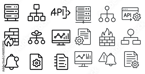 Data management outline icons set – structured, api, computing design tools