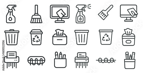 Cleaning and hygiene icons set – outline, linear, sanitation and cleaning tools