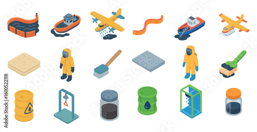 Emergency and safety isometric icons set – hazard, protection, crisis management symbols