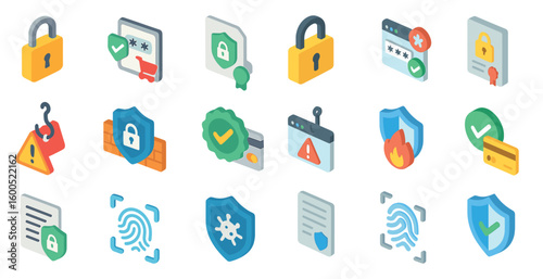 Cybersecurity isometric icons set – security, protection, digital safety symbols