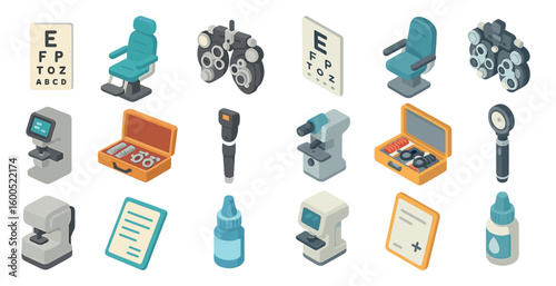 Optometry and eye care isometric icons set – vision, ophthalmology, medical symbols