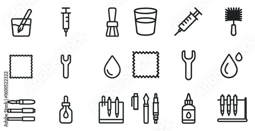 Household and cleaning tools icons set – outline, linear, home essentials symbols