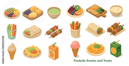 Poolside snacks icons set – isometric, filled, summer food and beverages symbols