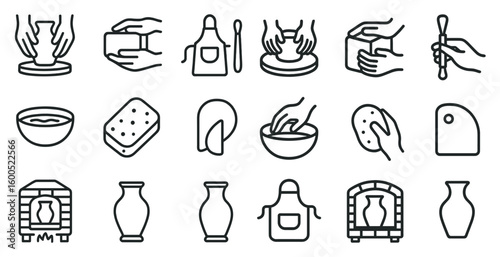 Pottery and crafting line icons set – outline, ceramic, clay creation symbols