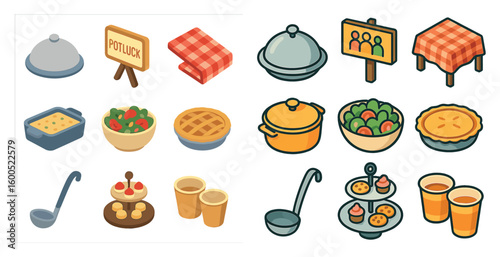Potluck and picnic icons set – flat, filled, dining and celebration symbols