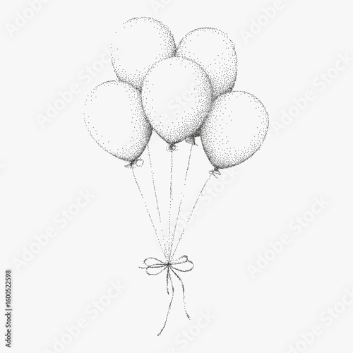 Drawing of five balloons tied together with a ribbon. Retro stipple sketch with gritty halftone dots, rough paper texture and strong threshold effect, authentic vintage feel.