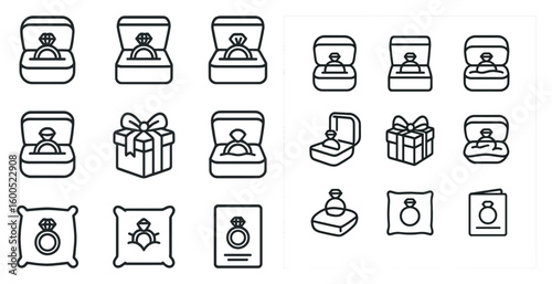 Wedding and engagement outline icons set – line, linear, marriage, ceremony symbols