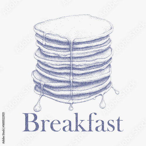 Stack of pancakes and breakfast written. Classic stipple illustration with grainy halftone dots, photocopy paper texture and raw threshold contrast.