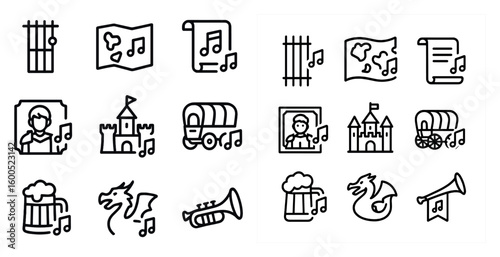 Medieval music outline icons set – fantasy, historical, sheet music symbols